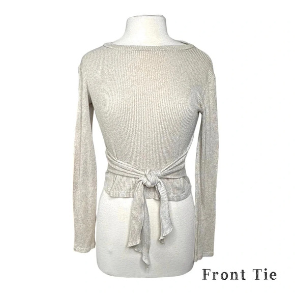 ZARA Knit Ribbed Crop Wrap Top in Oatmeal. Medium. Front Tie or Back Tie - Picture 2 of 7